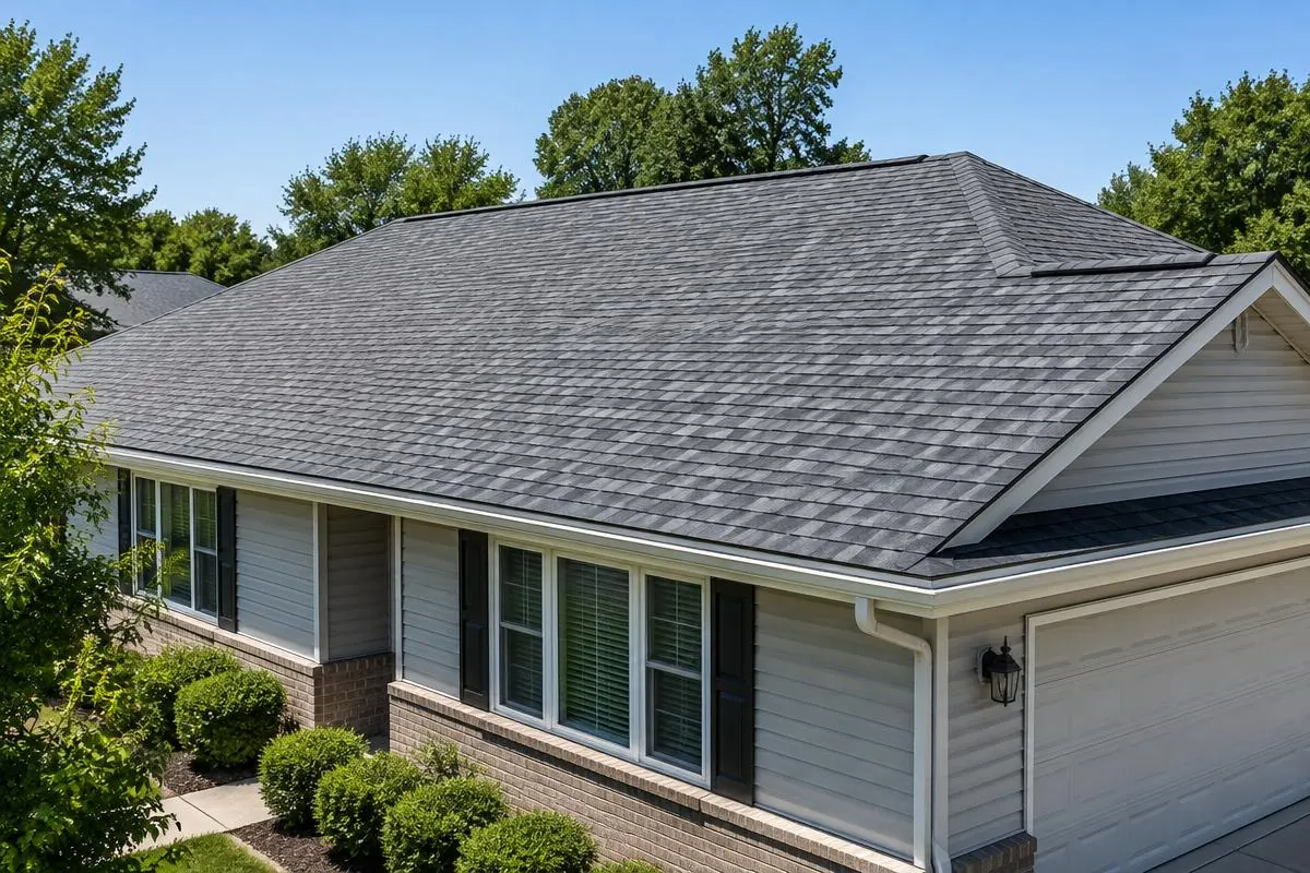 Finished shingle roof with visible ridge and roof faces