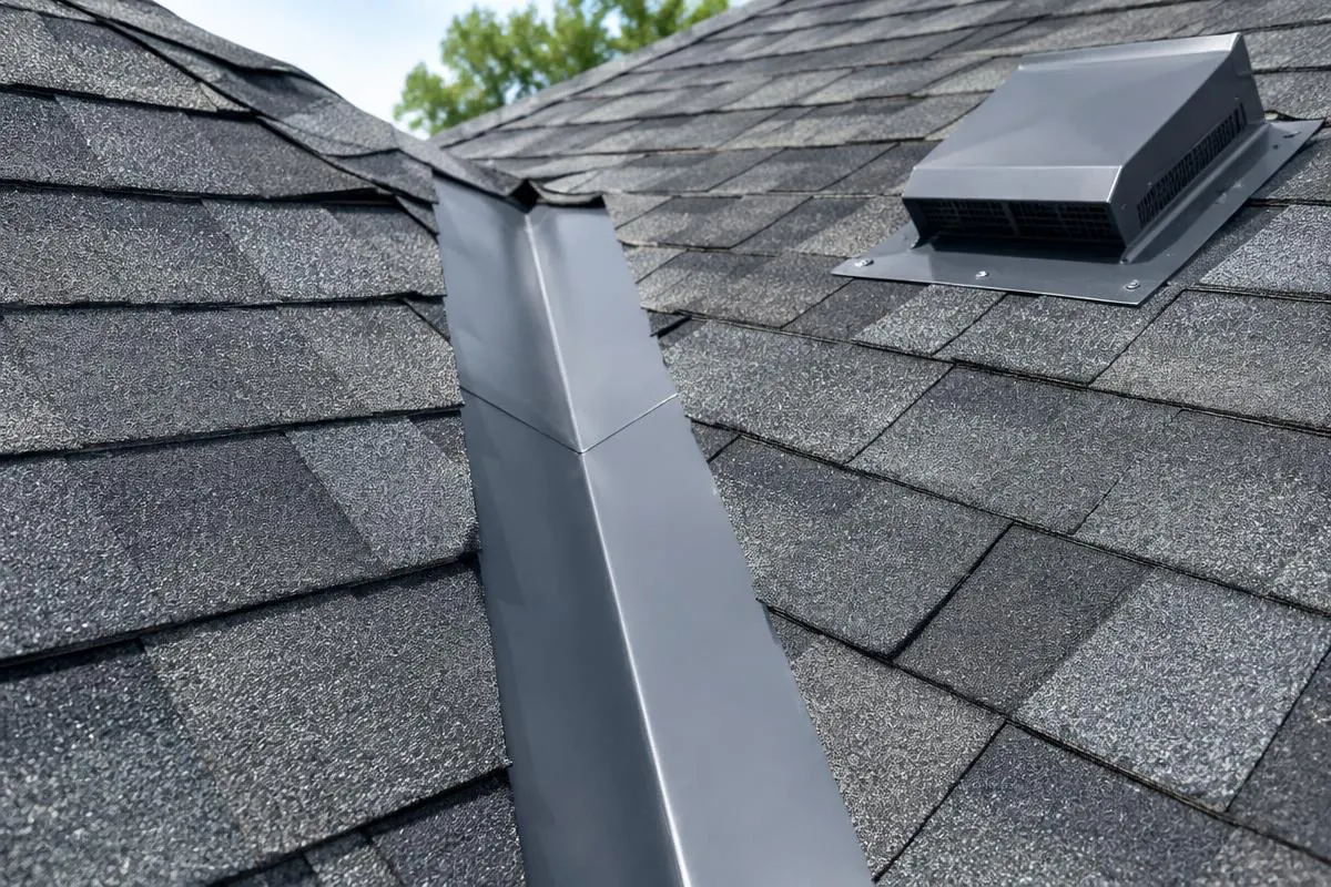 Roof valley and nearby vent in daylight