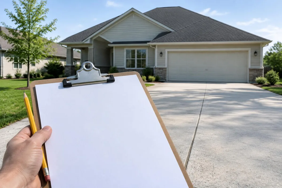 A blank site sketch with a driveway and roof in the background.