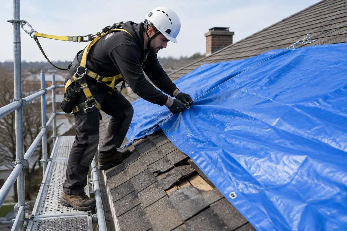 Harnessed professional placing temporary roof cover beside scaffold