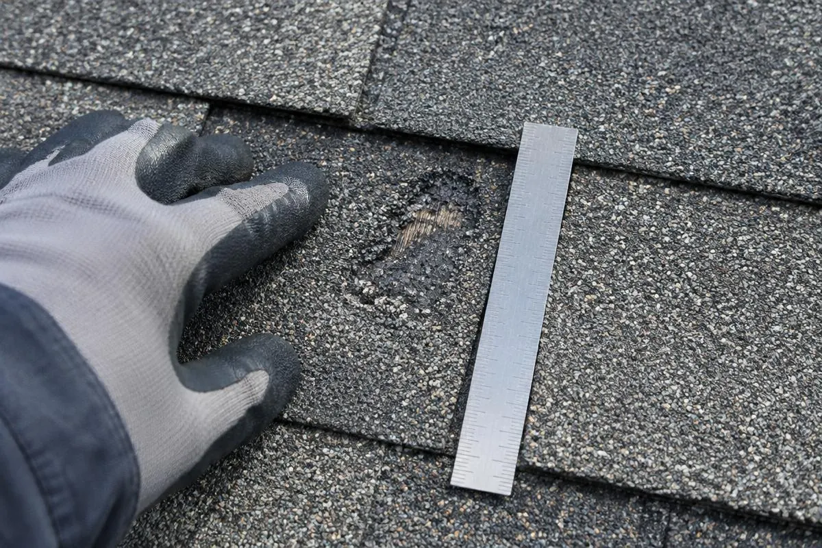 Gloved hand and ruler beside a roof mark