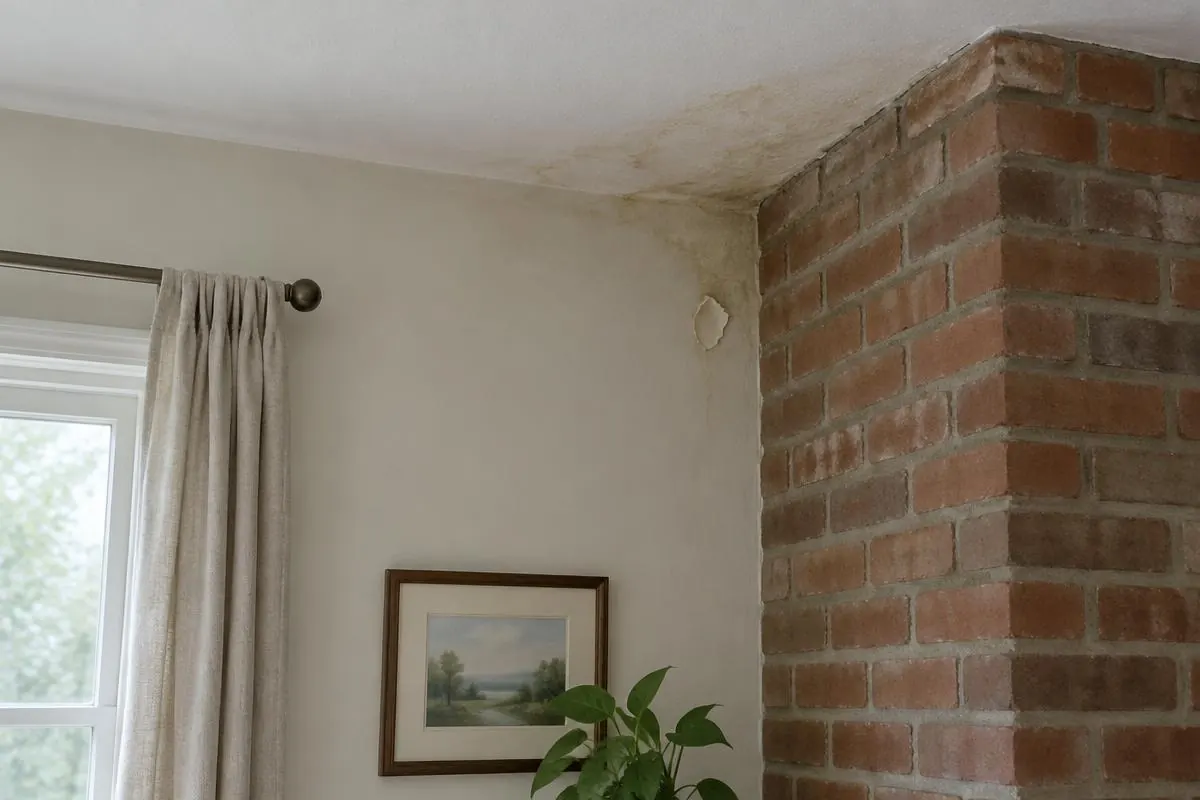 Ceiling mark near an indoor brick chimney