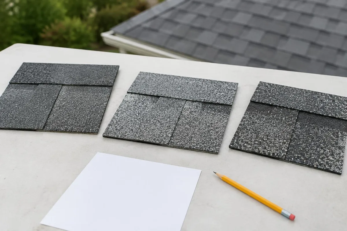 Shingle samples beside a blank repair sheet on a workbench.