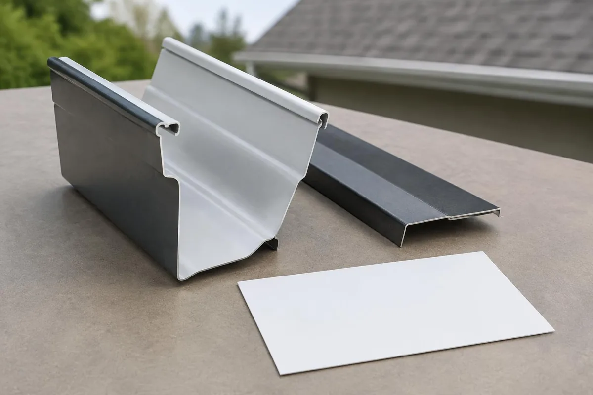 Gutter and roof-edge trim samples beside a blank scope card.