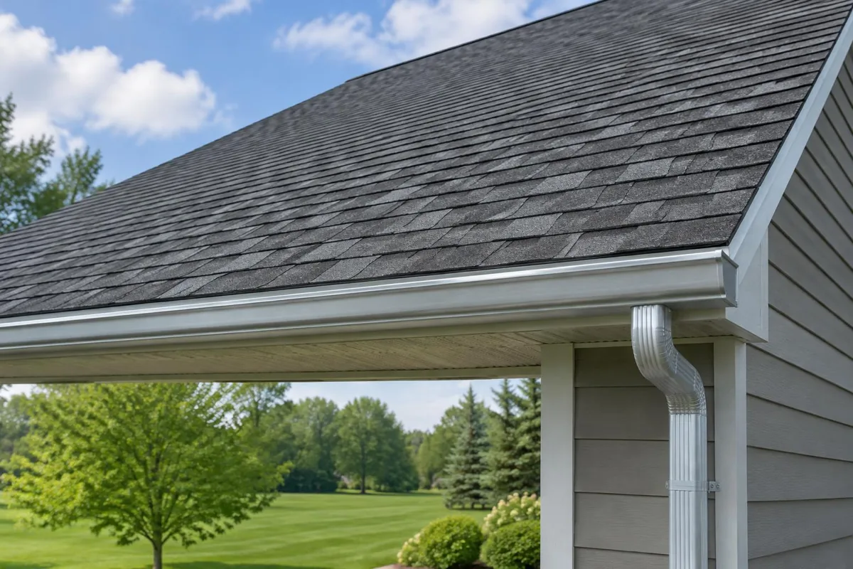 A shingle roof eave, gutter, and downspout shown together.