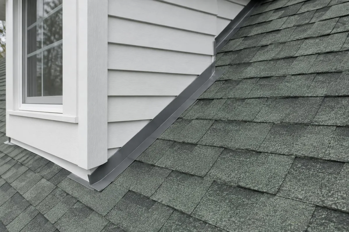 A dormer side meeting a shingle roof plane.