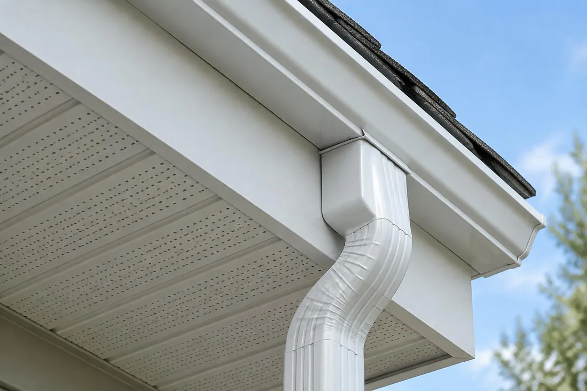 A gutter outlet and fascia below a roof edge.