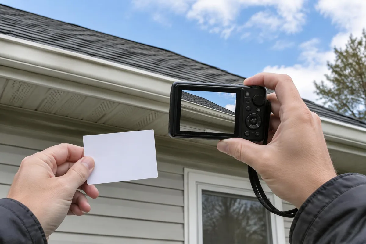 A camera and blank label card below a roof edge.