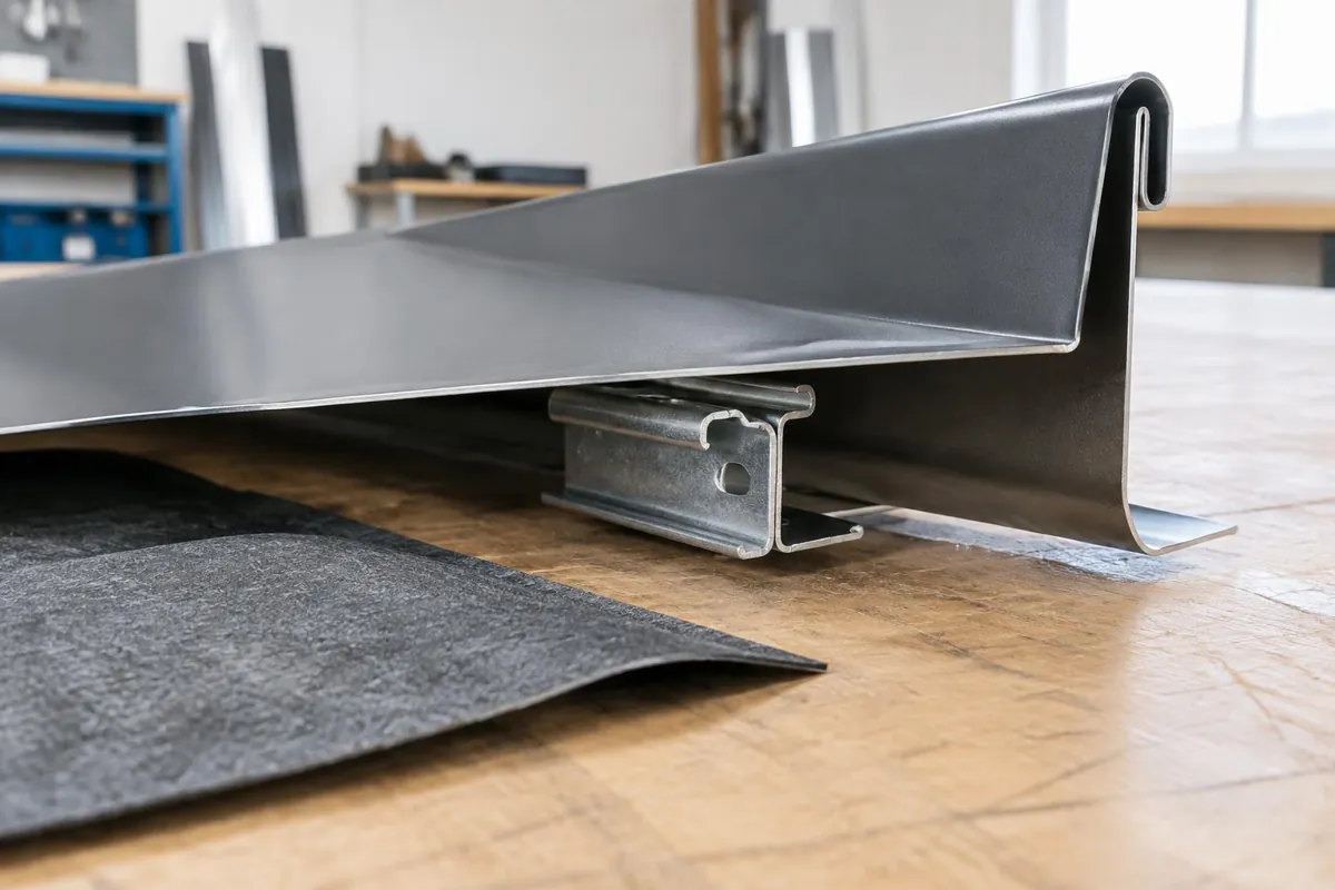 Metal panel clip and separate underlay on a bench.