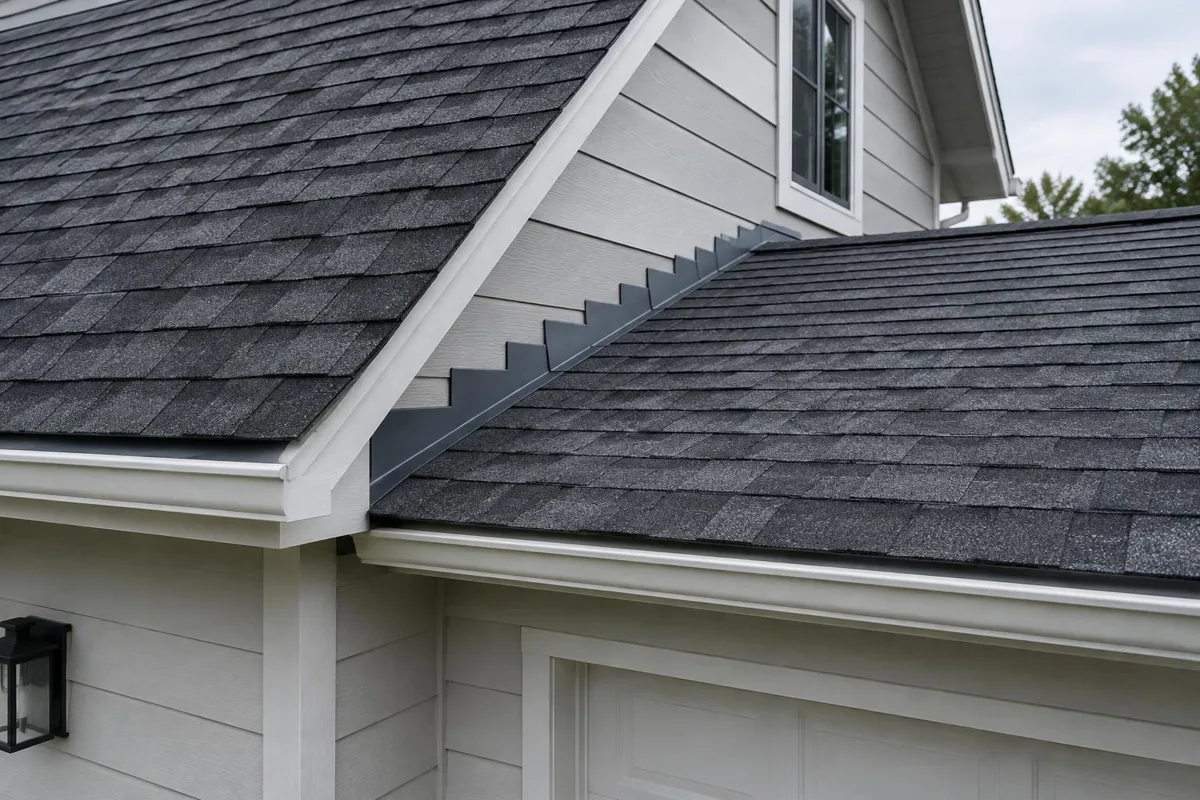 A main roof meeting a lower garage roof.