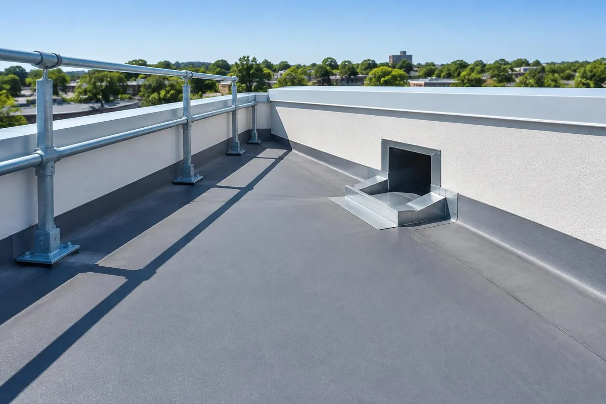 Roof scupper and clear drainage path beside a parapet.
