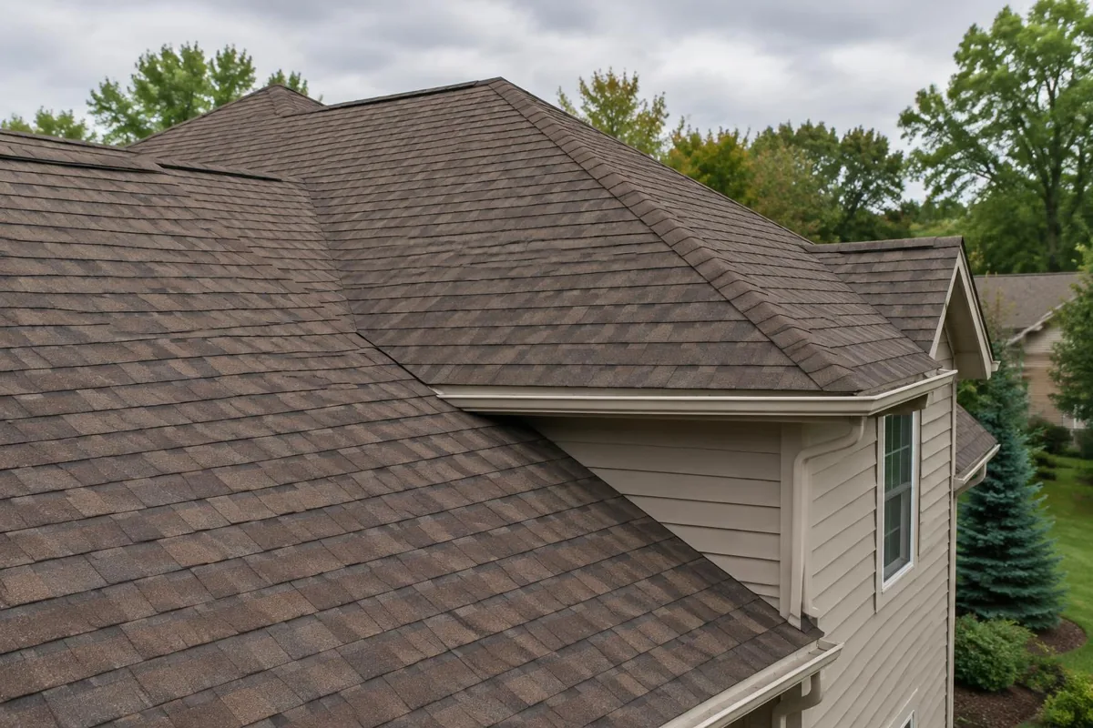 A brown shingle roof with several planes and a wall junction.