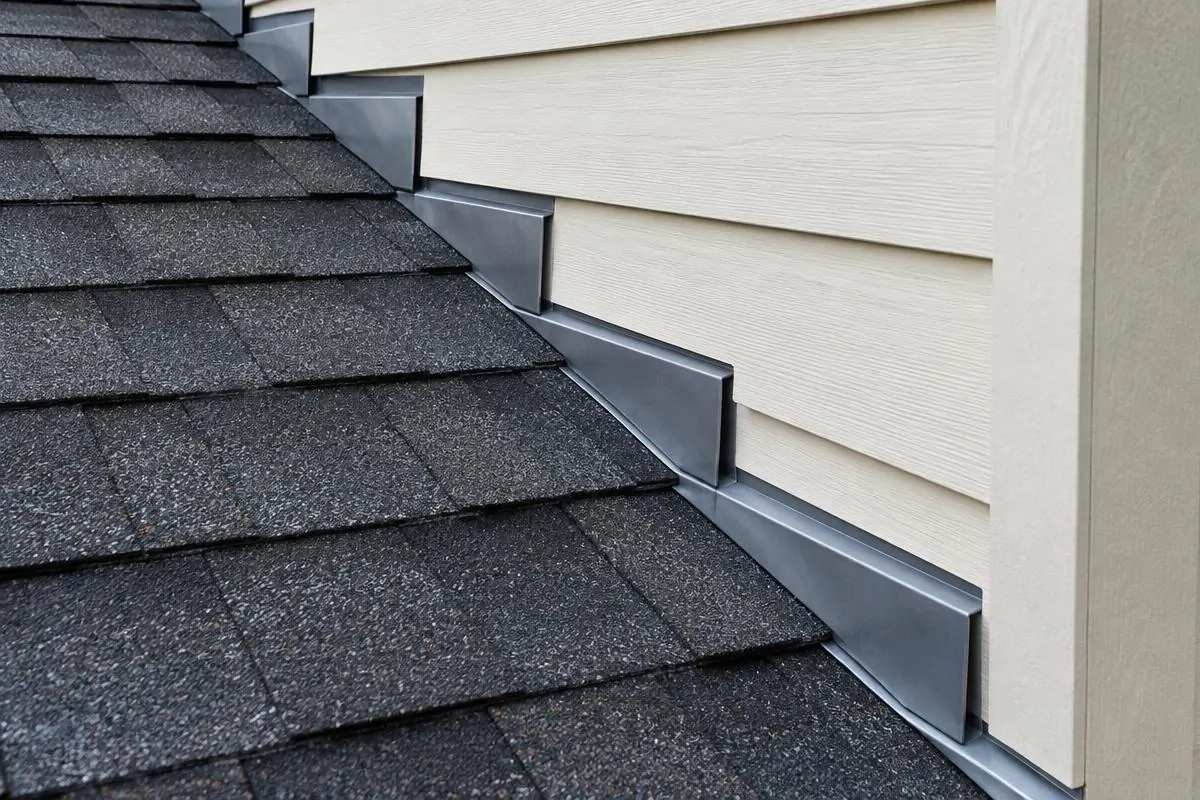 Metal flashing at a roof-to-wall joint