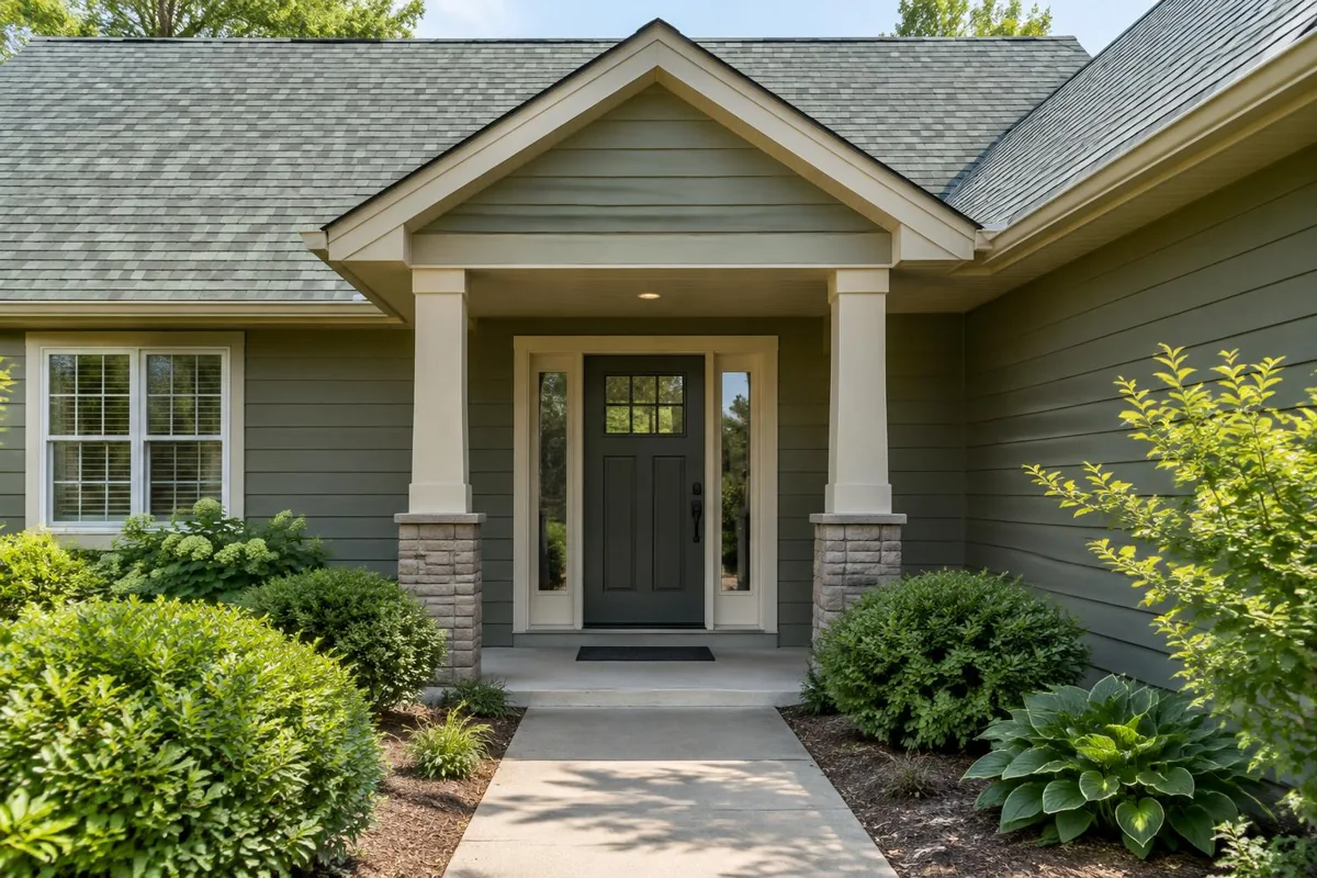 A porch roof above a clear doorway and walkway.