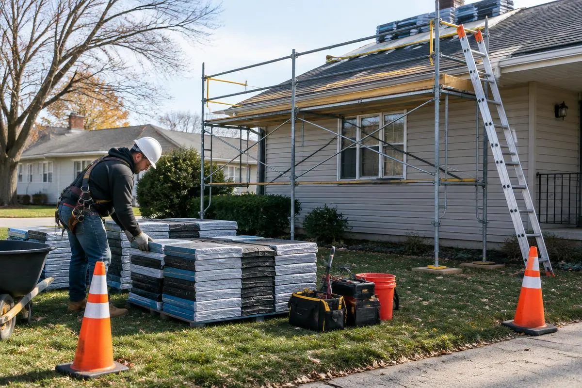 Worker and materials staged beside scaffold access