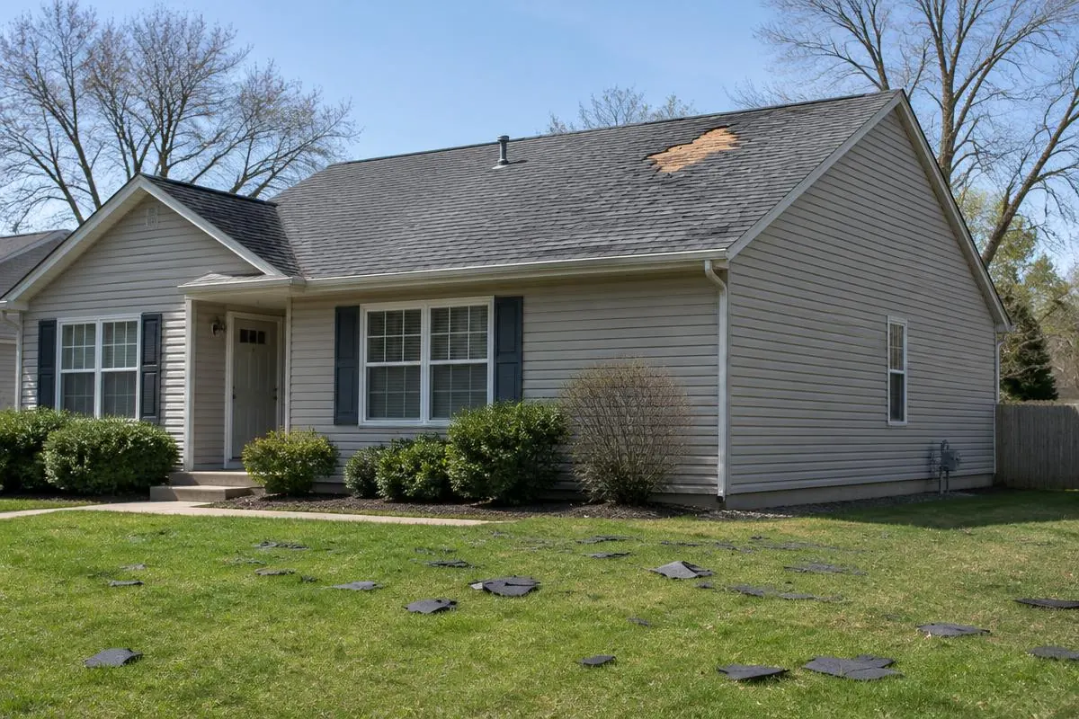 Roof and yard viewed from ground level