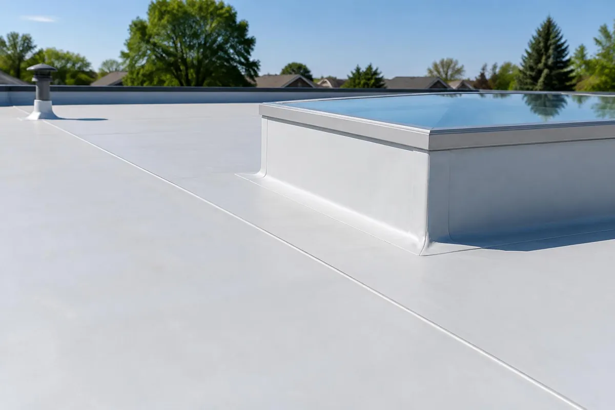 Pale low-slope roof membrane with raised curb.