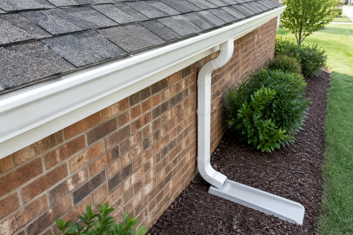 Roof edge, gutter, downspout, and ground extension.