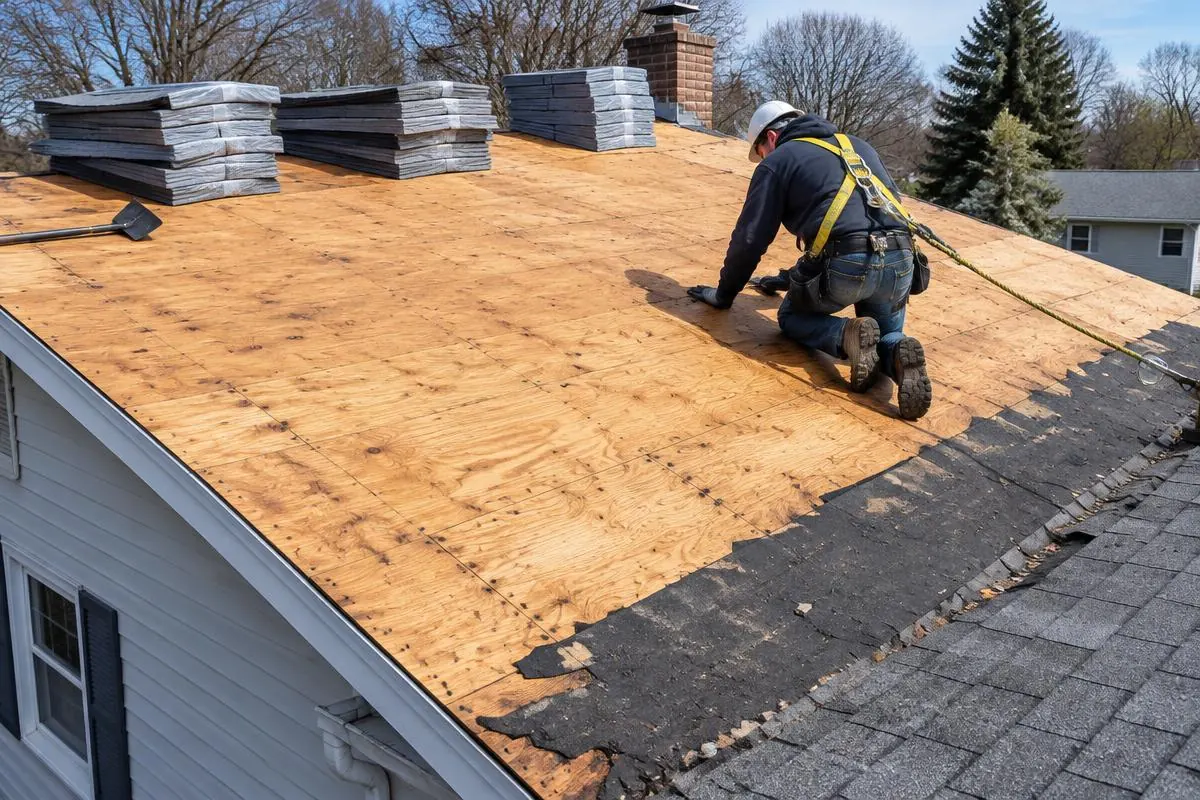 Exposed roof deck with a harnessed roofer and staged materials