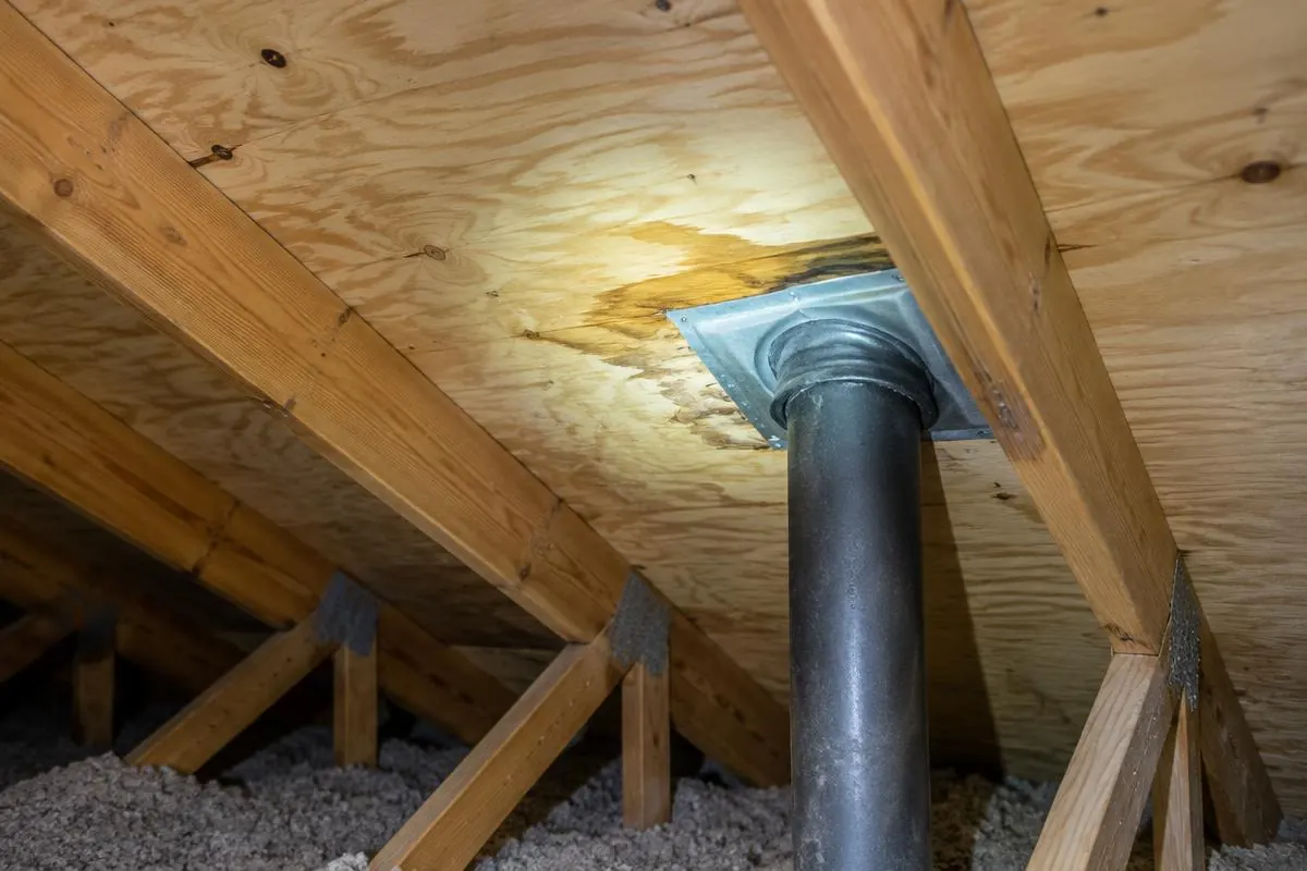 Attic wood and roof opening viewed with a light