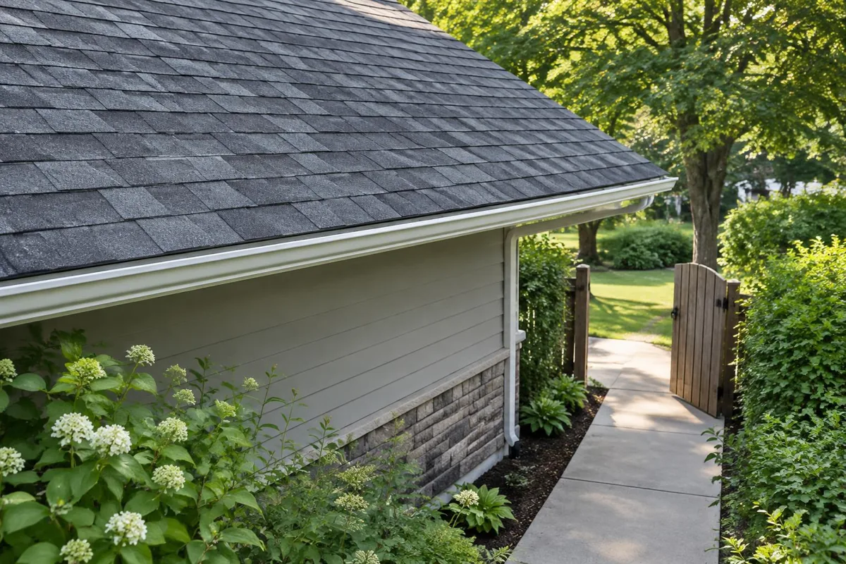 A roof eave above a clear side path and gate.