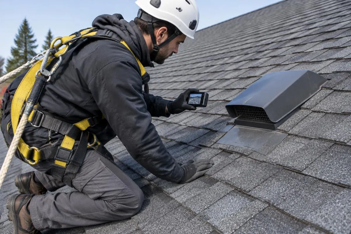 Harnessed roofer reviewing a roof surface