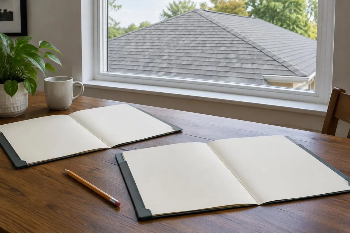 Two blank report folders beside a window overlooking a roof.