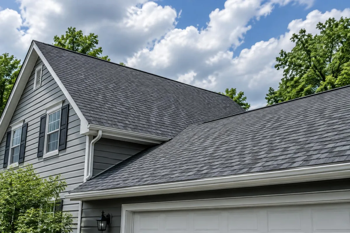 A gray shingle house roof and lower attached garage roof.