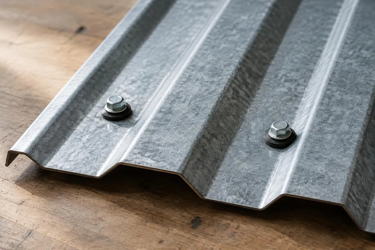 Exposed fasteners and washer seals on a metal panel sample.