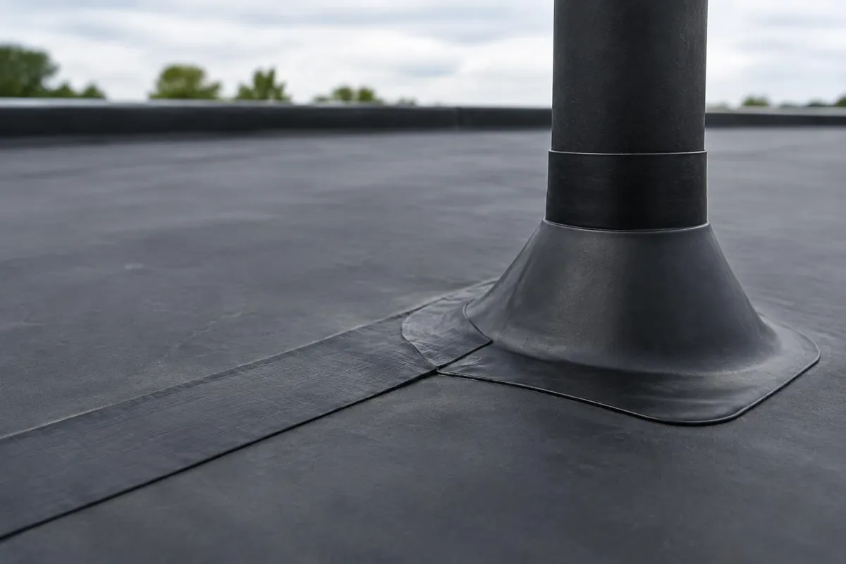 Rubber roof seam and pipe flashing.