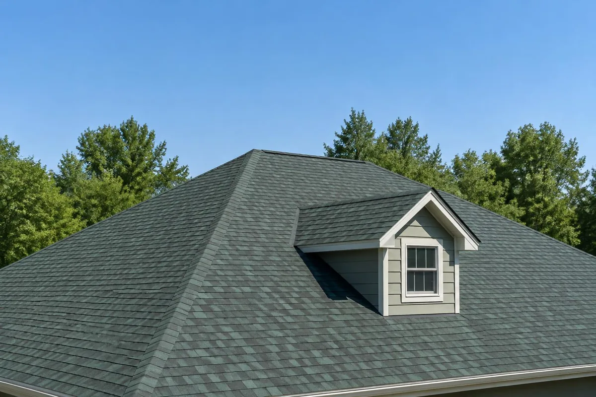 A dark shingle roof below a soft green tree line.