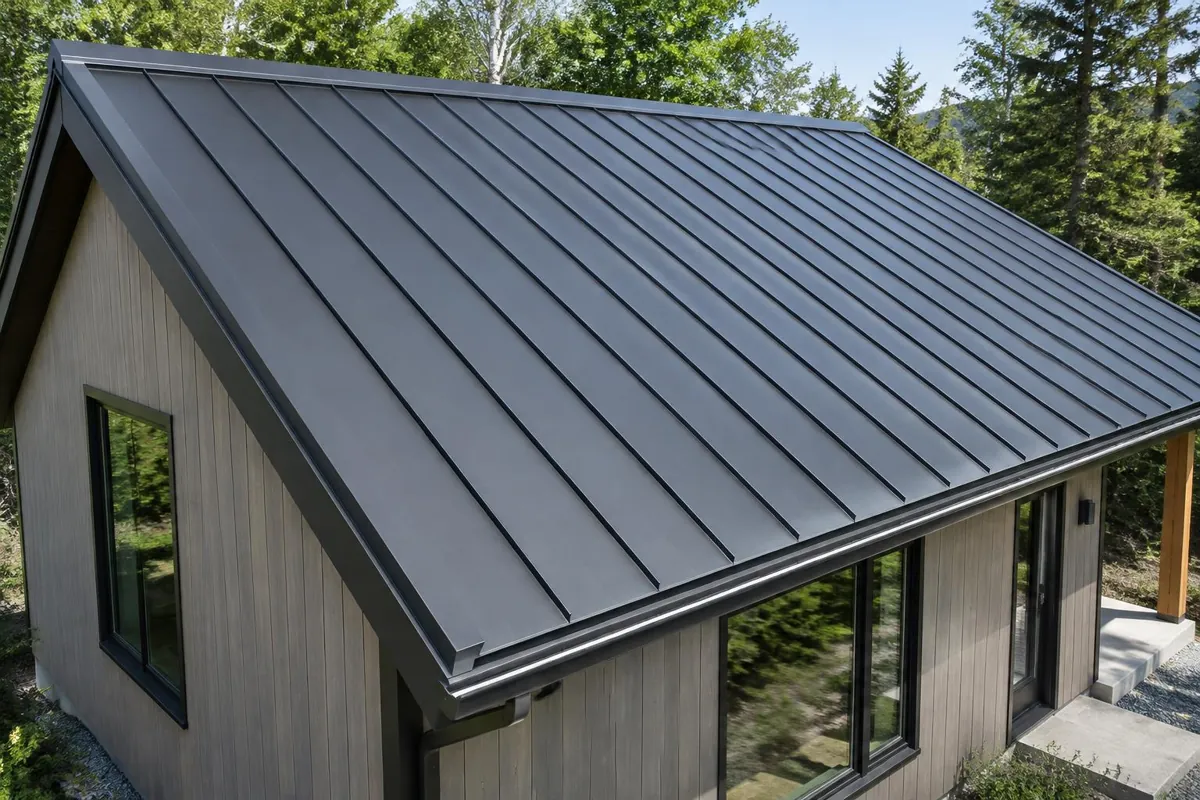 Standing seam metal roof with parallel raised seams.