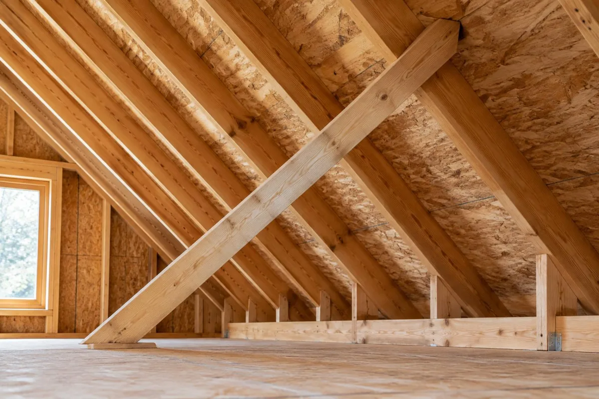 Wood roof supports seen from an attic.