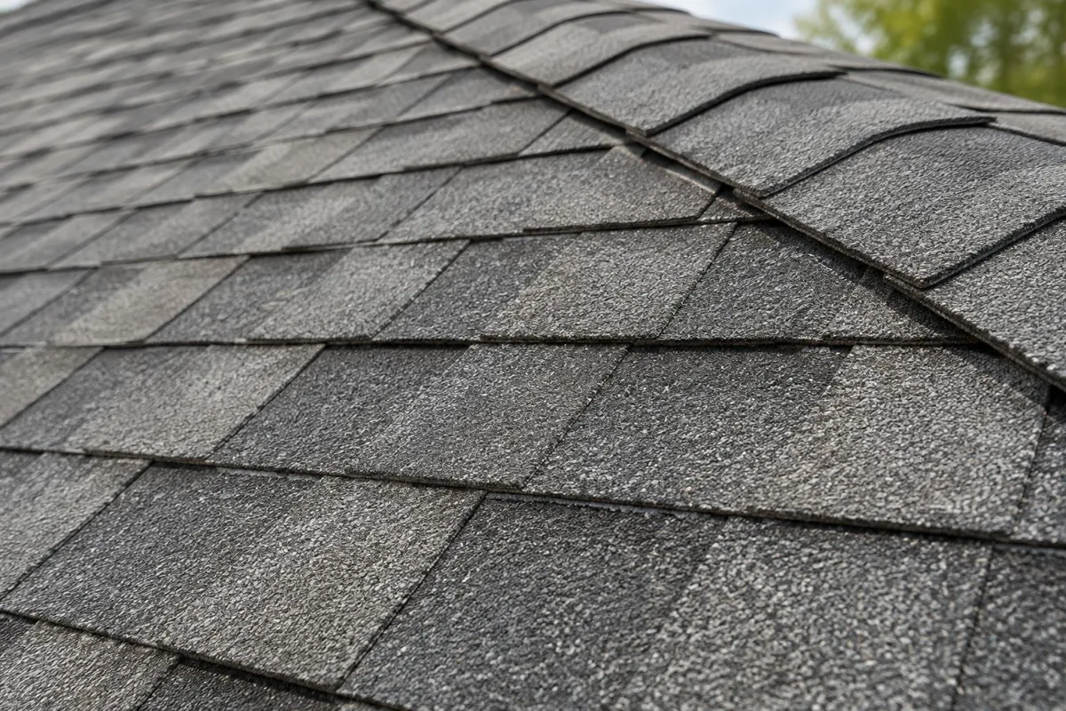 Overlapping asphalt shingles near an intact roof ridge.