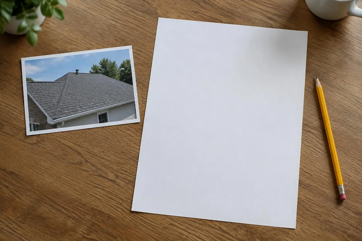 A blank project brief beside a roof photo and pencil.