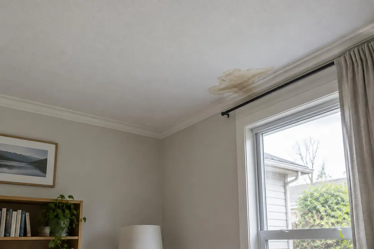 Ceiling water mark above a window