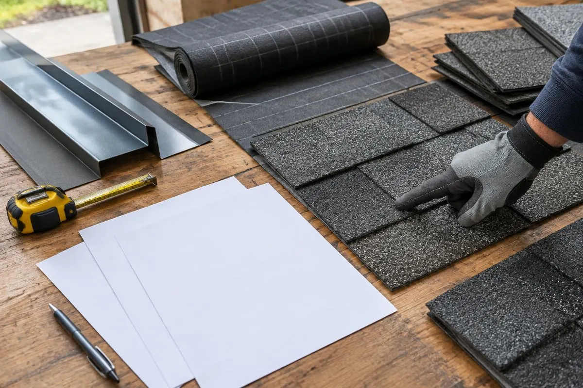 Roof parts and a blank scope sheet on a worktable