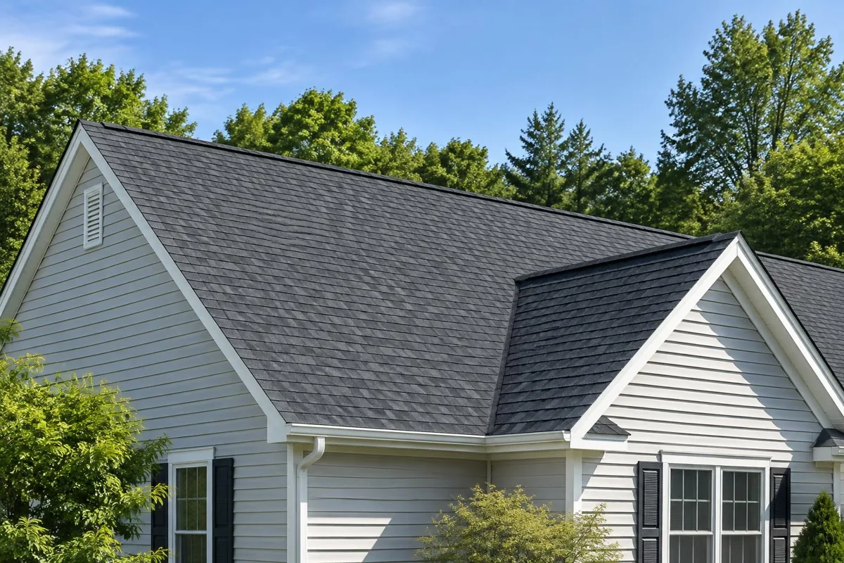 A charcoal shingle roof above light siding and a soft tree line.