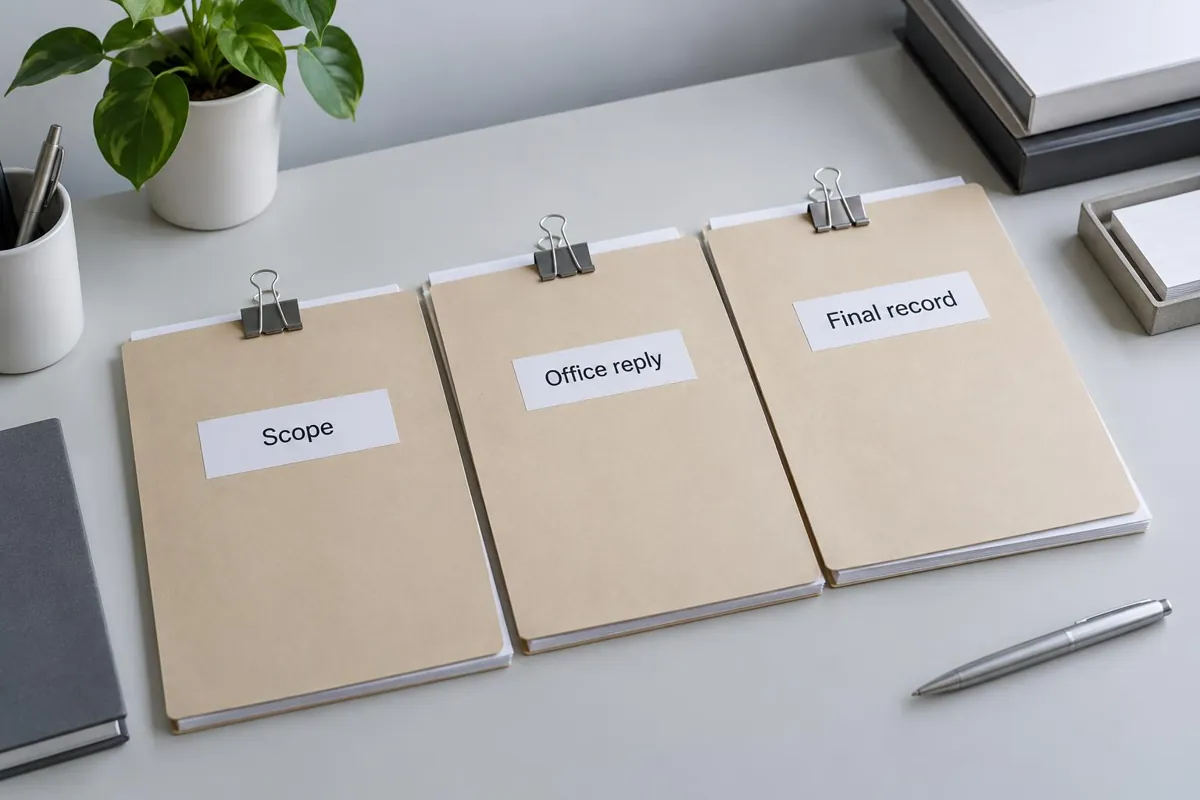 Folders for the scope, office reply, and final permit record.