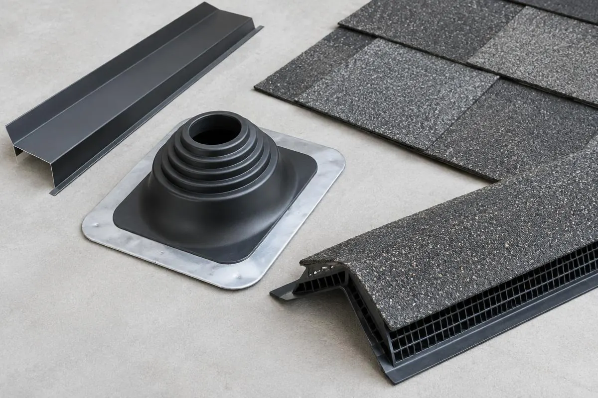 Shingle, membrane, metal edge, and pipe boot samples