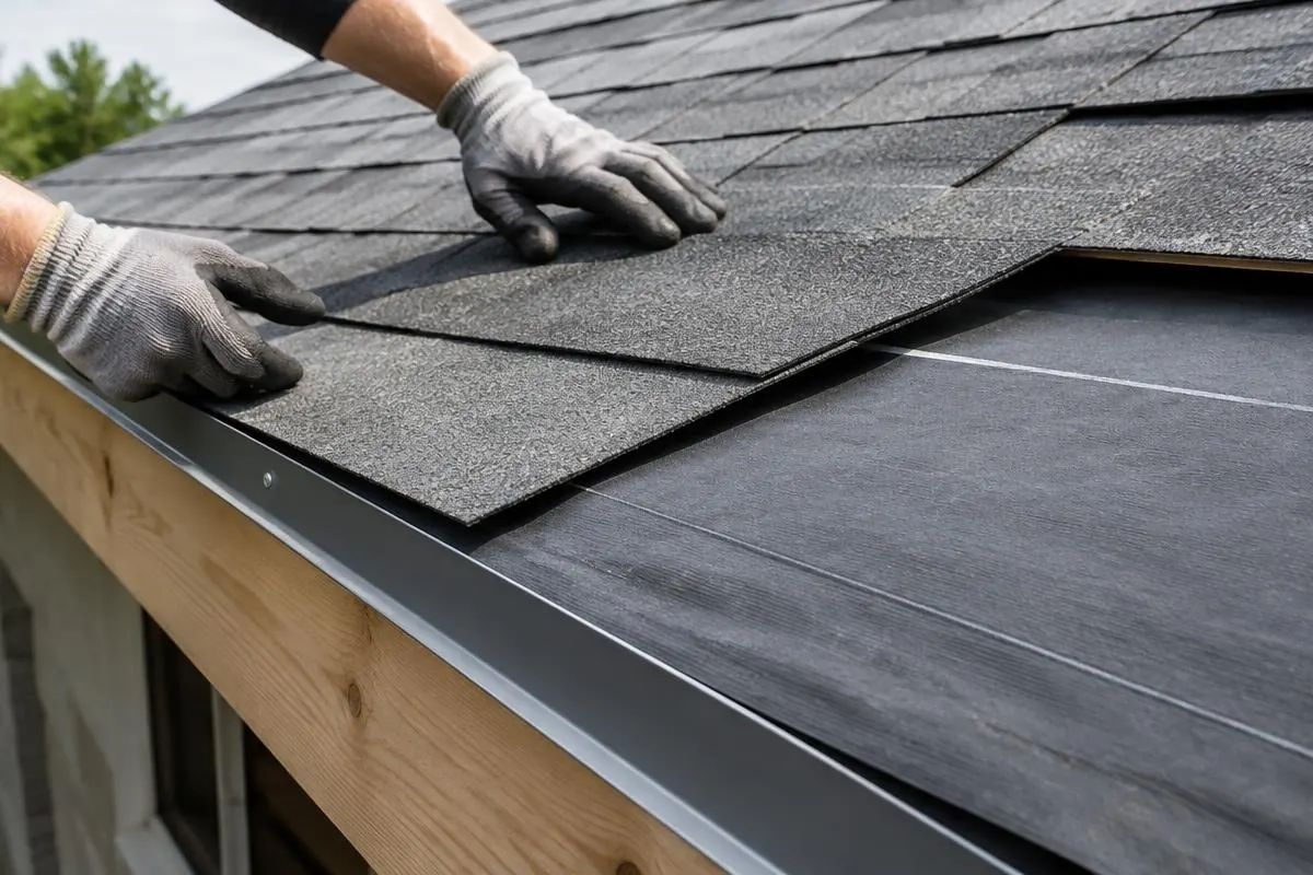 Gloved hands checking shingle layers at a roof edge
