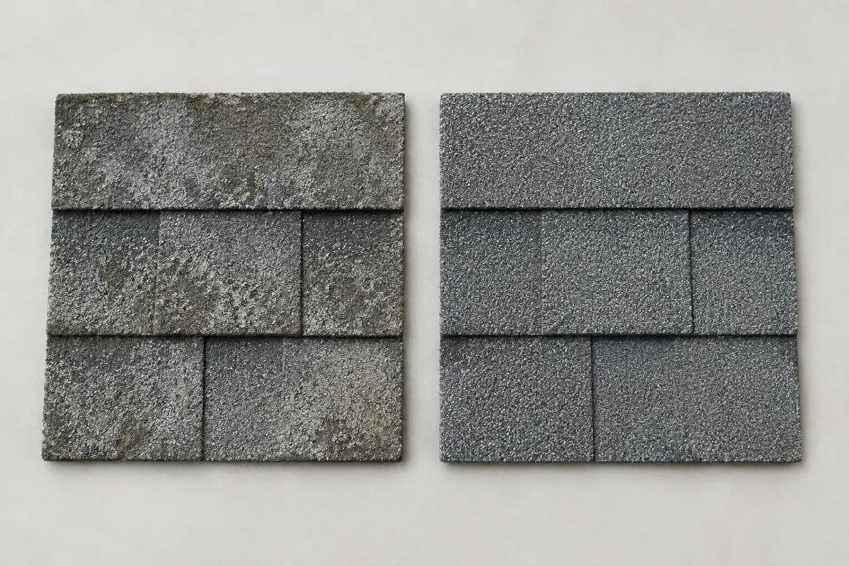 Old and new roof samples for questions about a repair join.