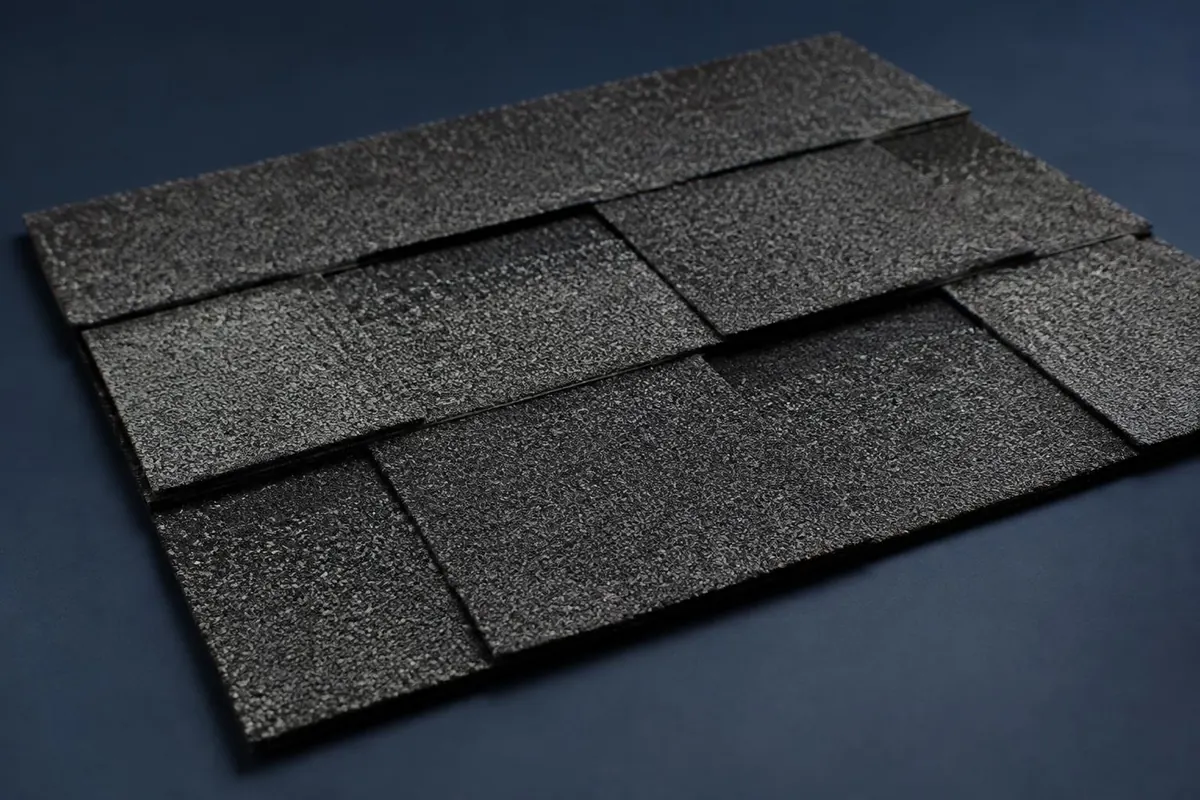 Layered edges of an architectural shingle sample