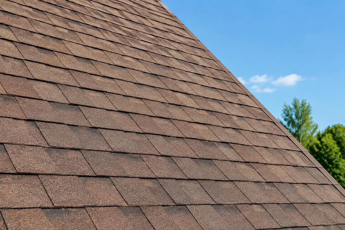 Asphalt shingles laid in even, staggered rows