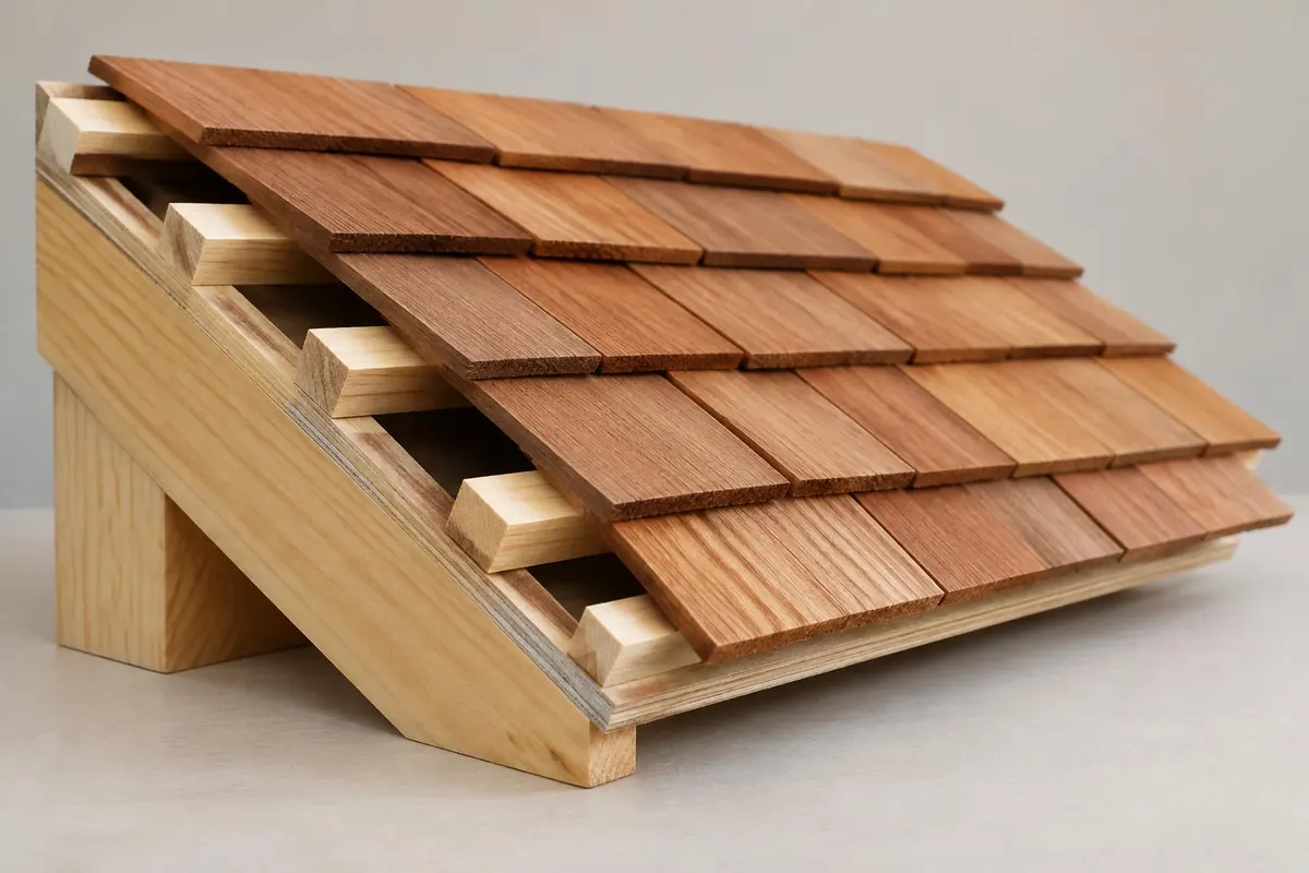 Cedar roof sample showing wood pieces and support layers