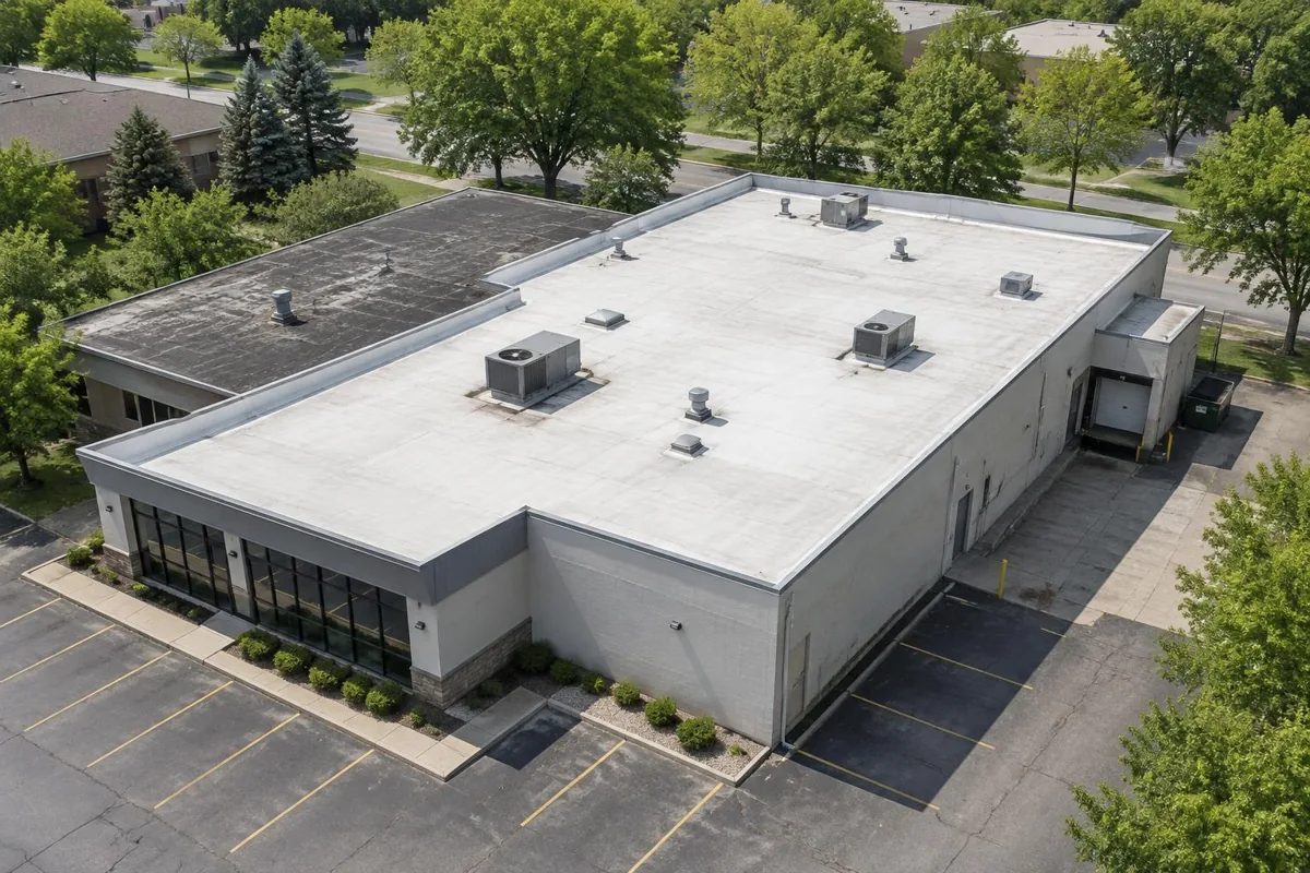 Elevated oblique view of a small retail building roof with several distinct roof areas