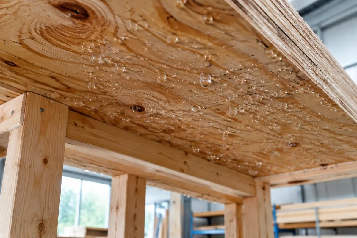 Water droplets on the underside of a roof sheathing sample