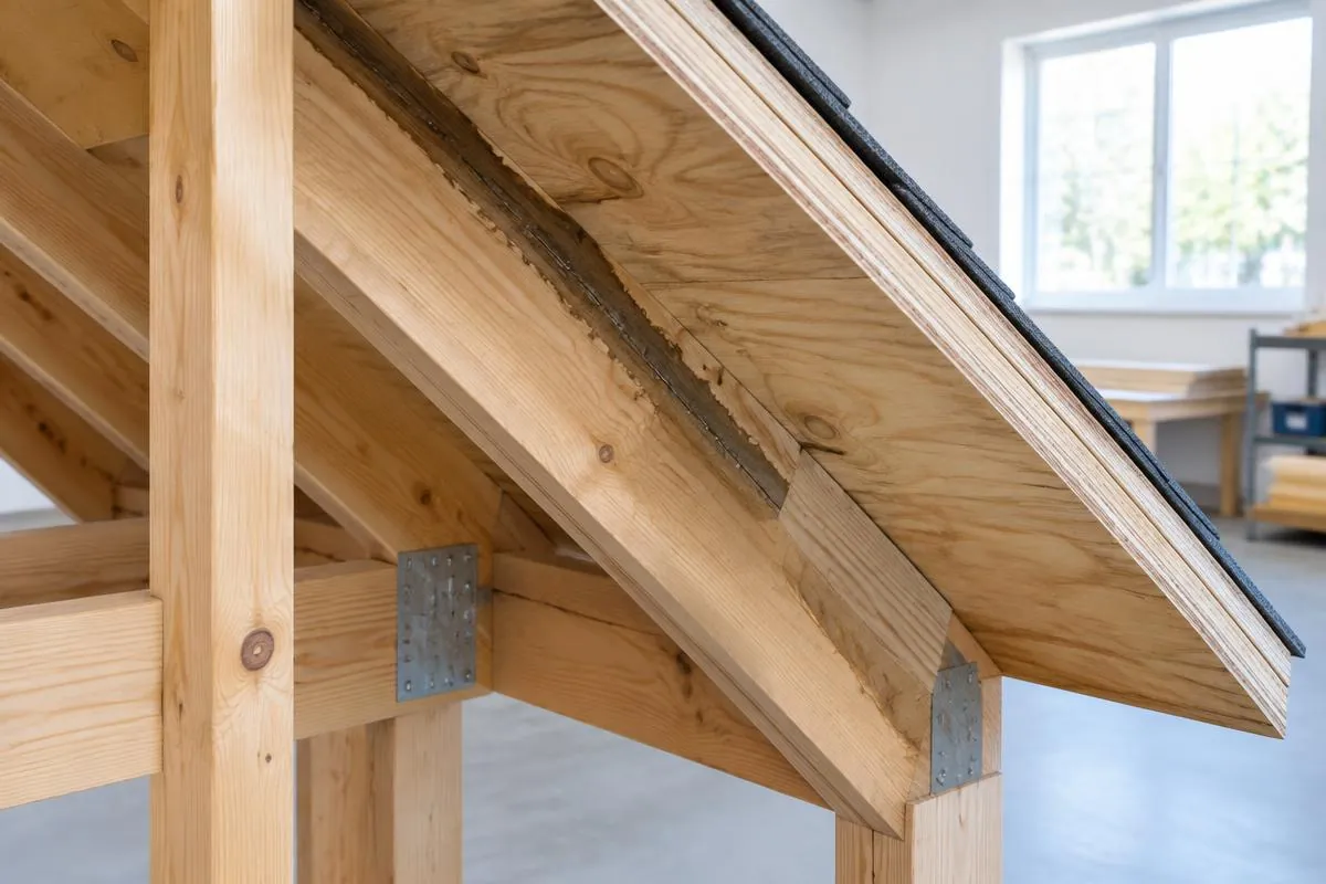 A visible water track along a rafter on a roof assembly model