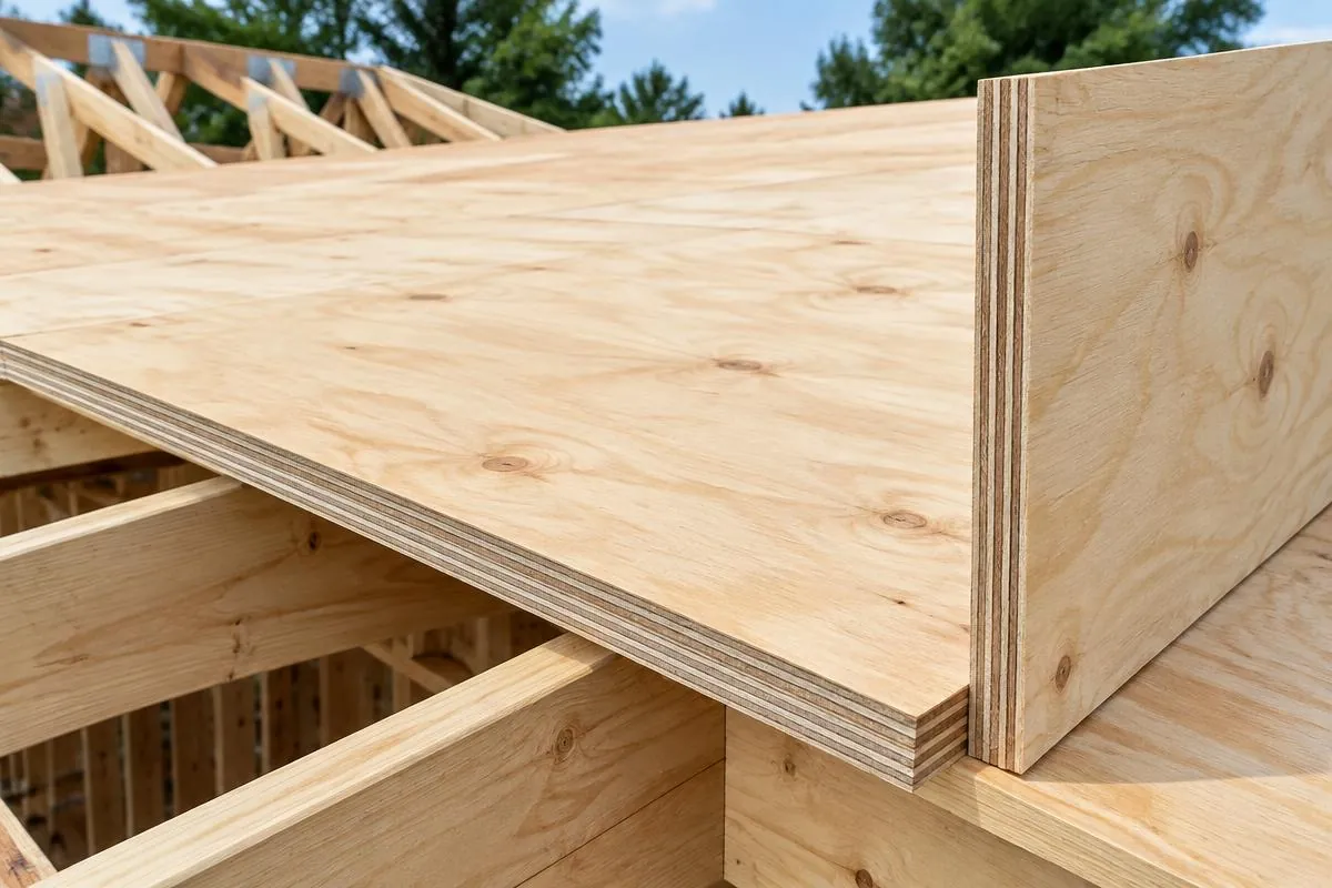 Plywood roof sheathing edge beside a labeled panel sample