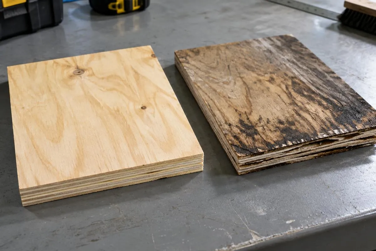 Sound and moisture-damaged sheathing samples on a workbench